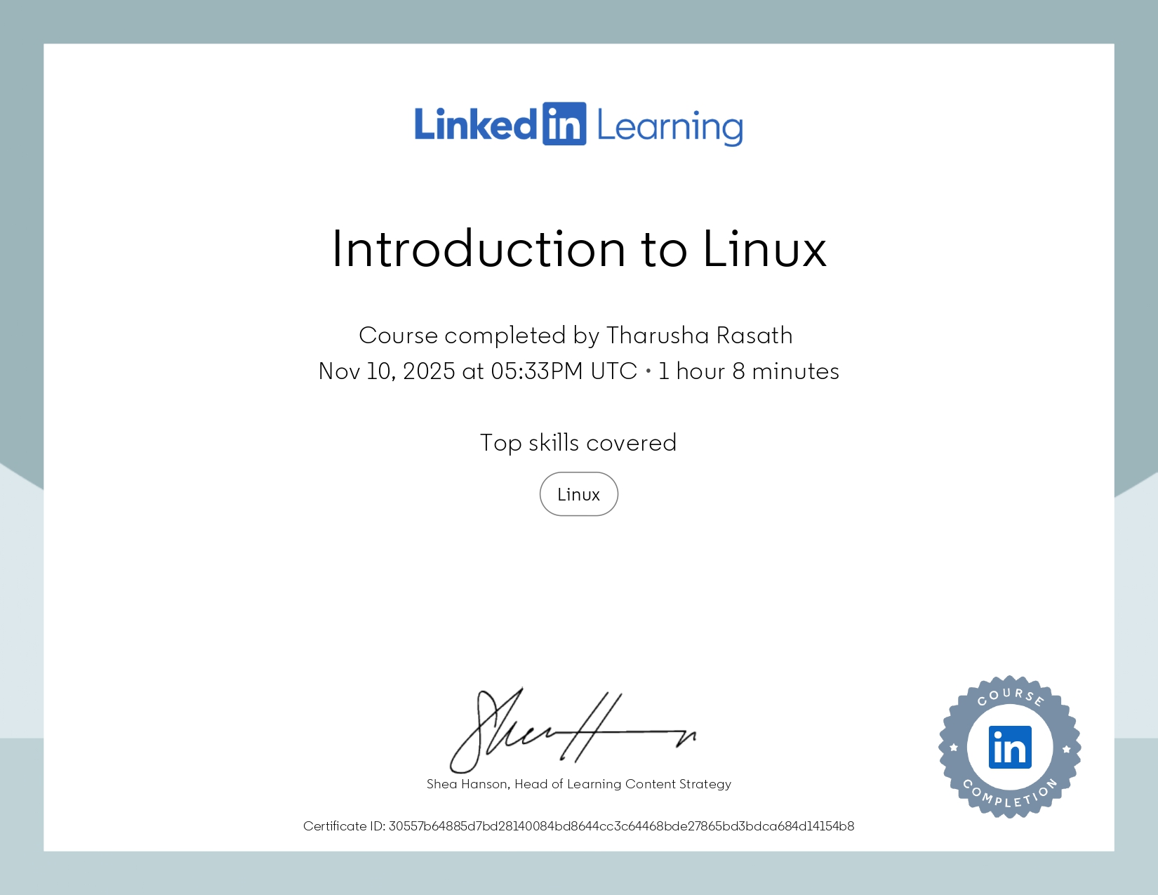 CertificateOfCompletion Introduction to Linux page 0001