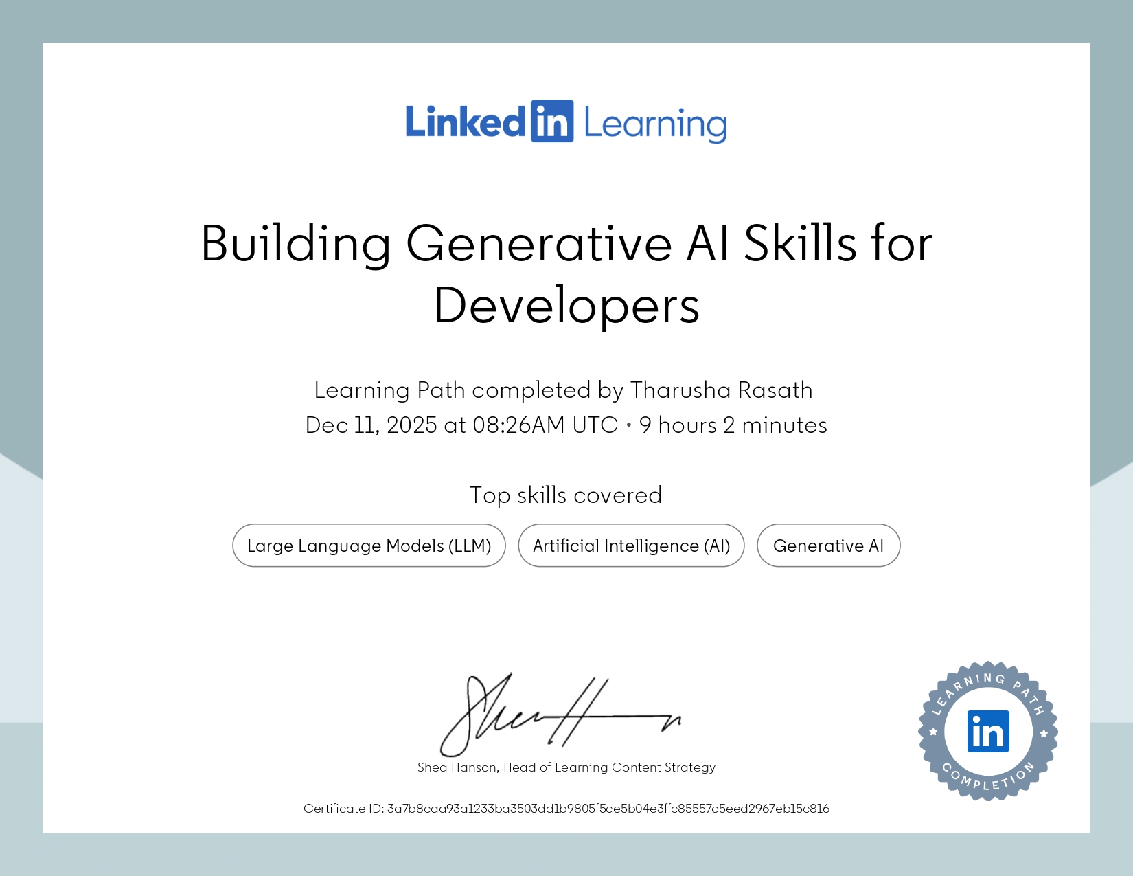 CertificateOfCompletion Building Generative AI Skills for Developers page 0001