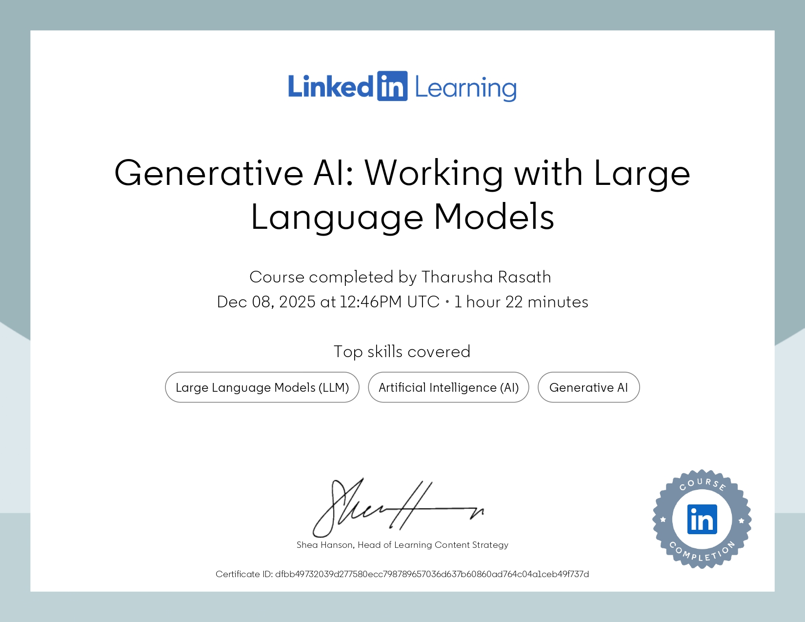 CertificateOfCompletion Generative AI Working with Large Language Models page 0001