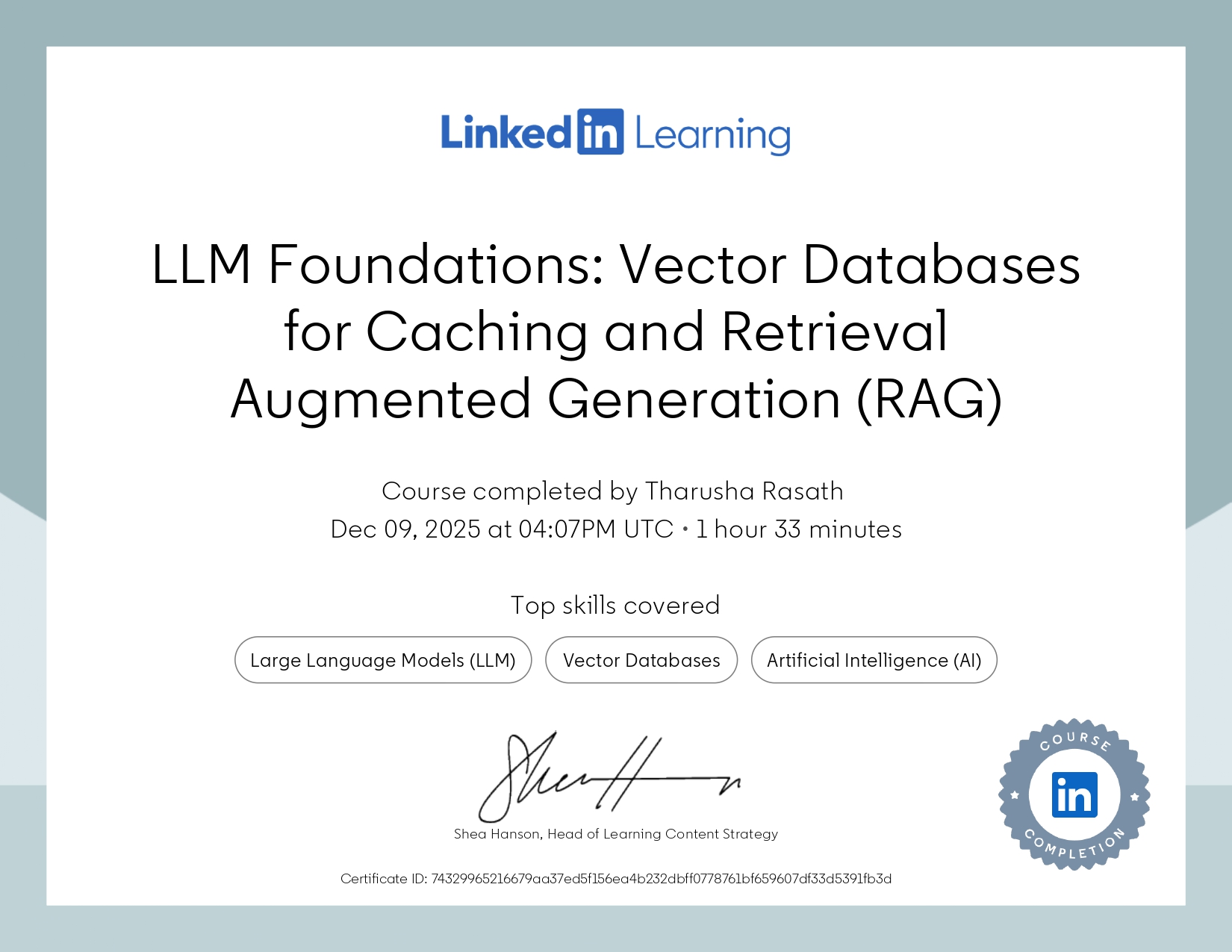 CertificateOfCompletion LLM Foundations Vector Databases for Caching and Retrieval Augmented Generation RAG page 0001
